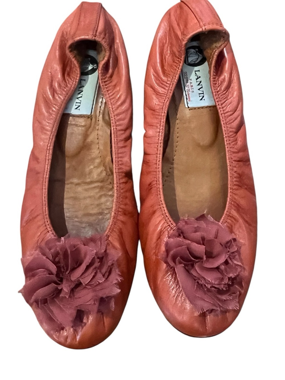 Lanvin Women's Coral Leather Ballet Flats with Floral Accent excellent condition